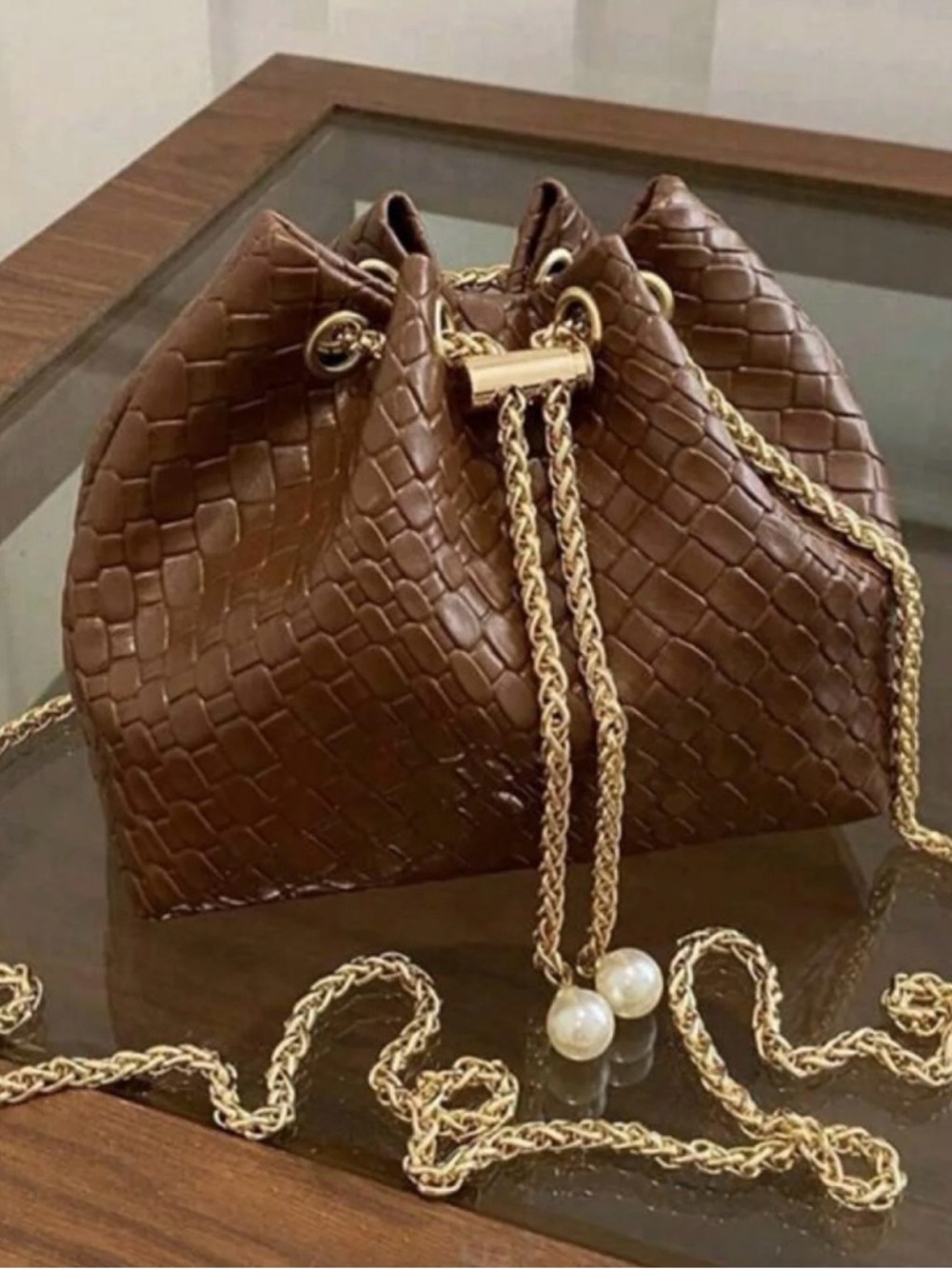 Woven Drawstring Bucket Bag with Gold Chain